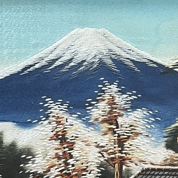 Vintage Japanese Mt Fuji Silk Embroidered Framed Landscape Bridge Boat 19"x12.5" - Picture 5 of 8